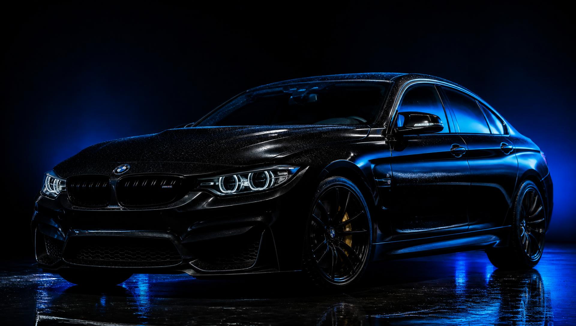 Freshly detailed black luxury sedan under dramatic blue light